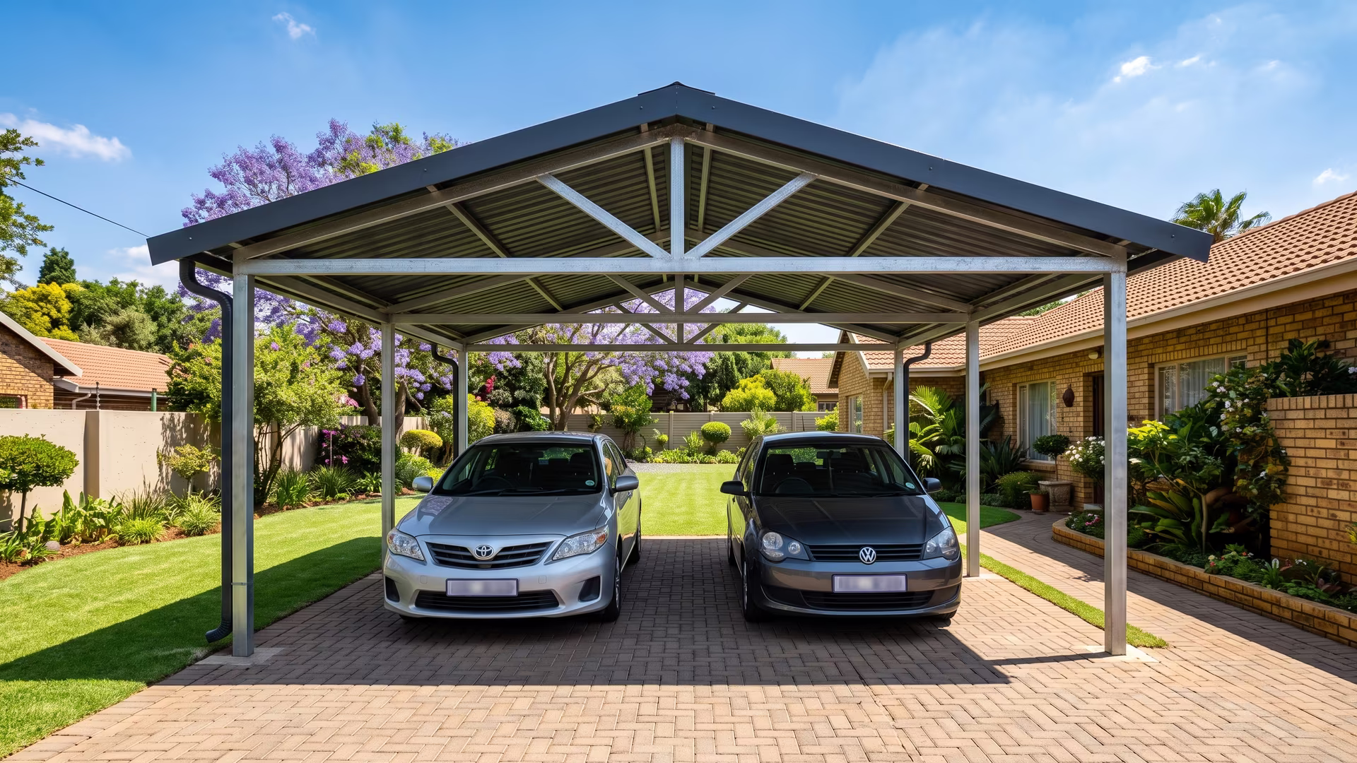 Completed galvanised steel double carport with a charcoal IBR roof at a Pretoria home