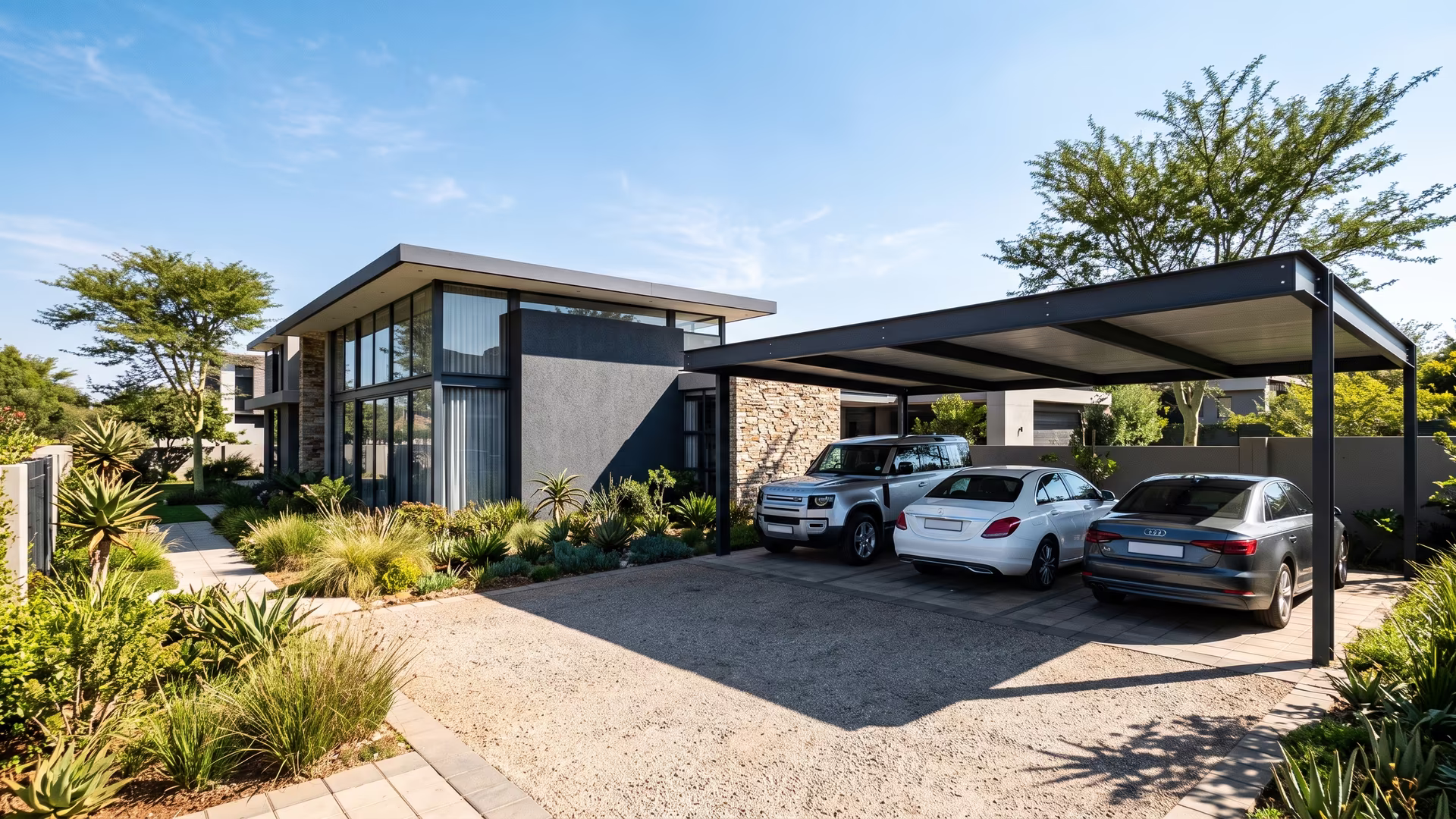 Modern powder-coated aluminium carport at an upmarket glass-fronted Pretoria East estate home