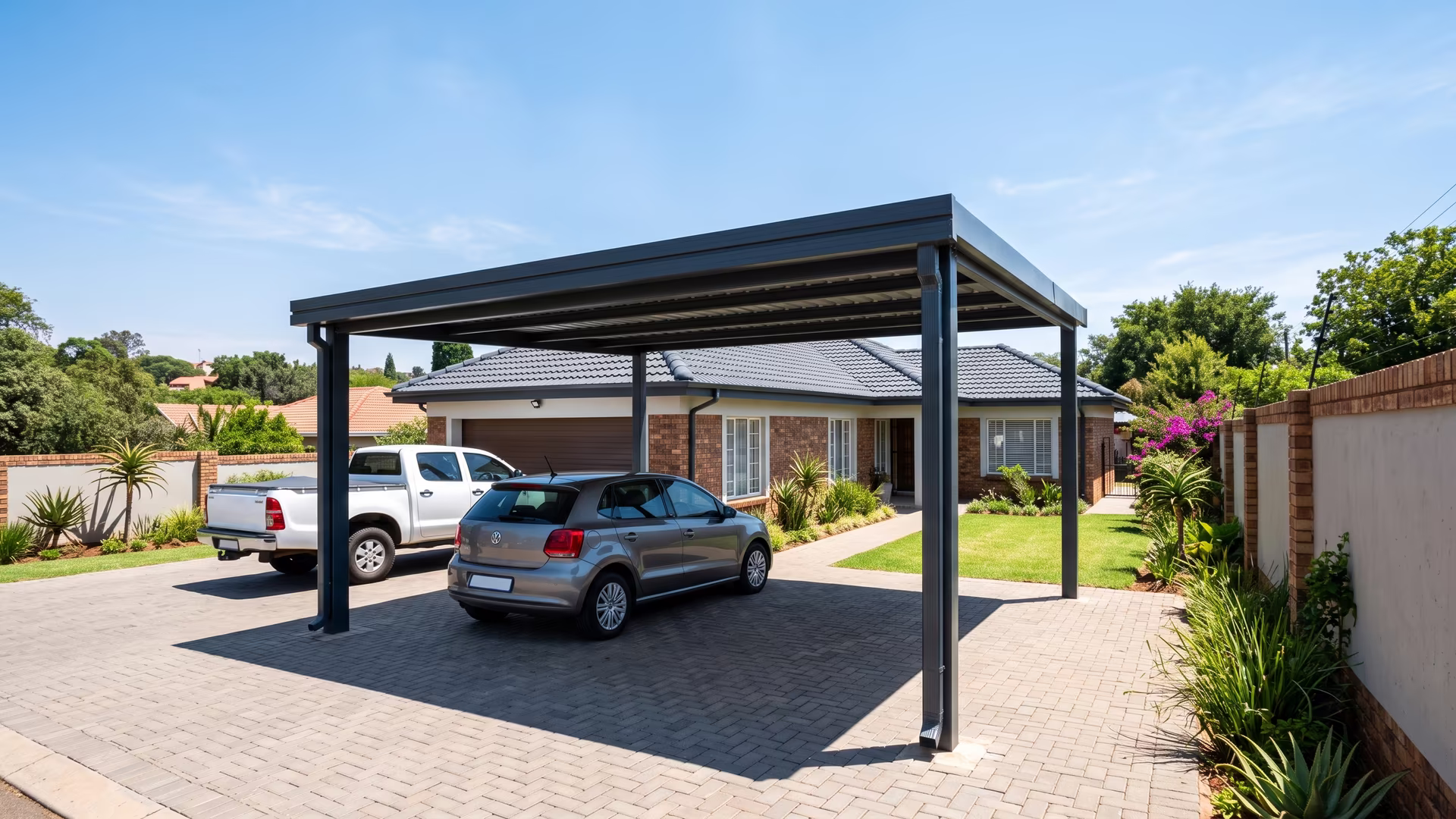 A compliant steel carport neatly matching the roof colour of a suburban Pretoria house
