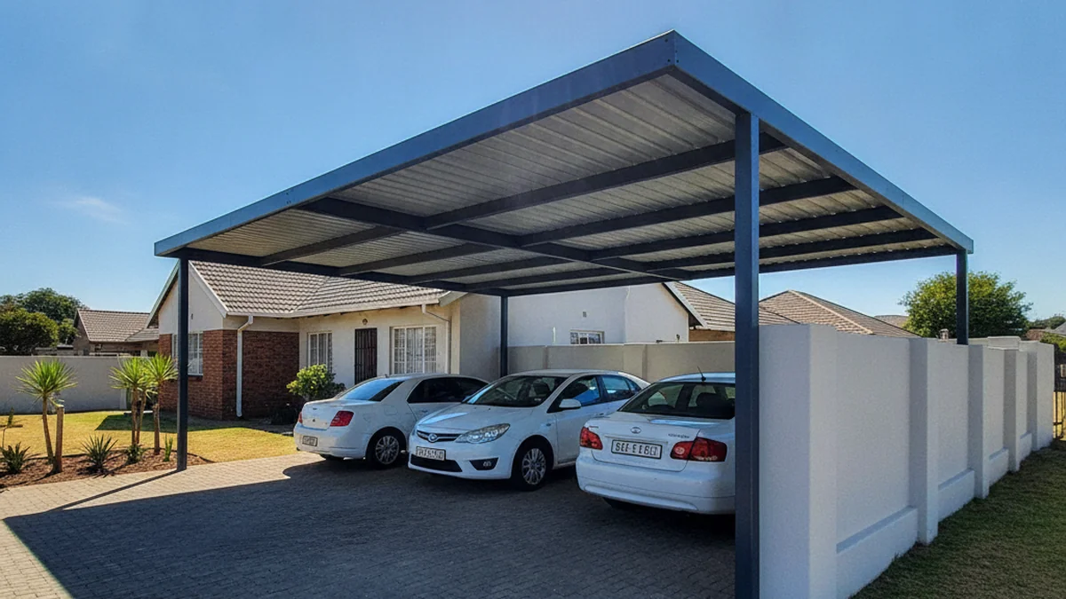 A compliant steel carport neatly matching the roof colour of a suburban Pretoria house