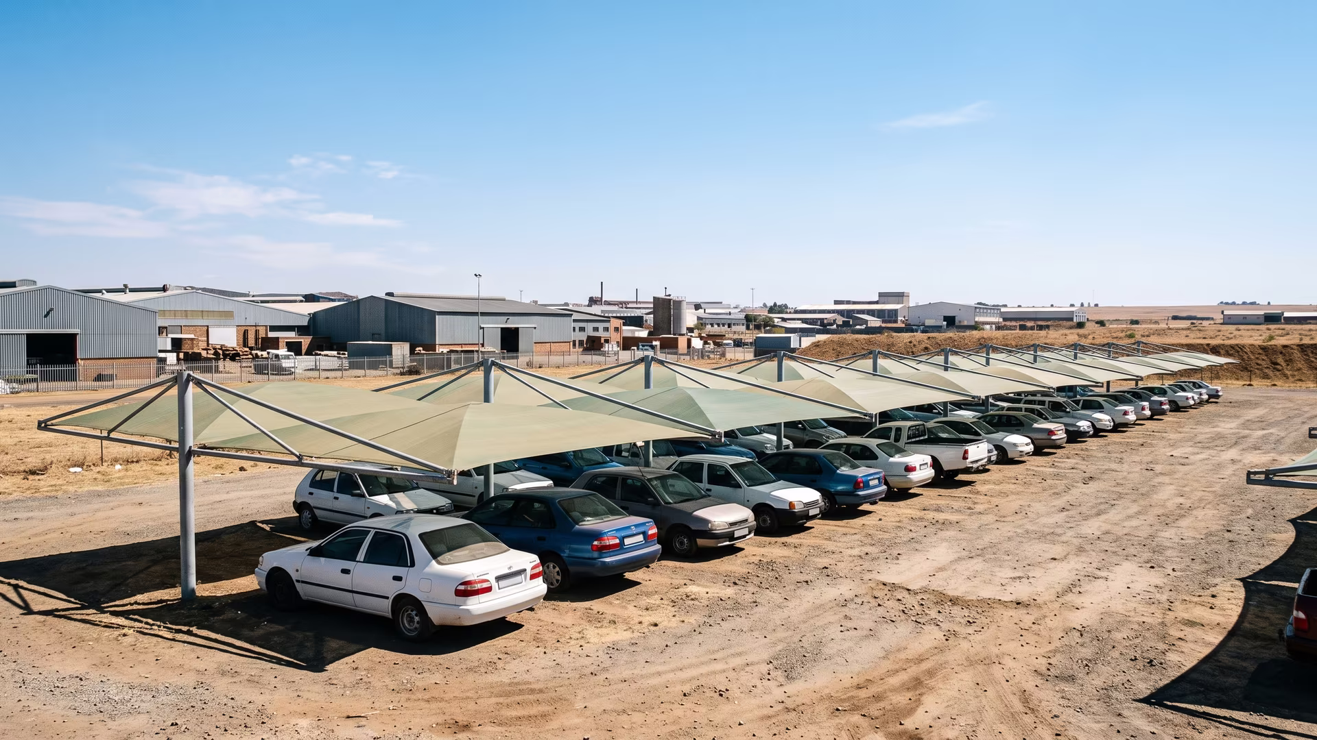 Long run of shade net covered parking bays at an industrial yard near Rosslyn north of Pretoria
