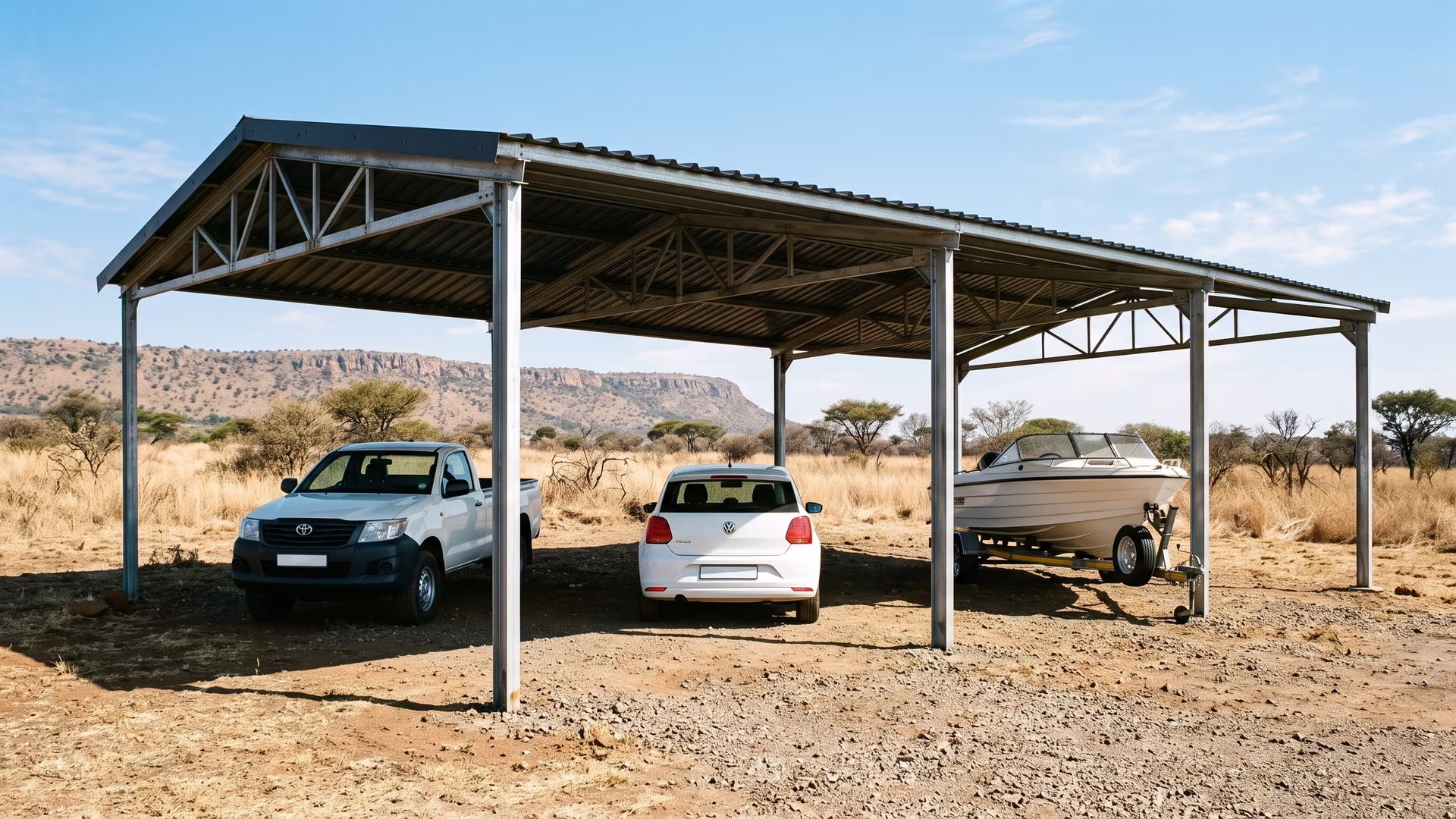 Four-bay steel carport covering a bakkie, a car and a boat trailer on an open smallholding near Cullinan