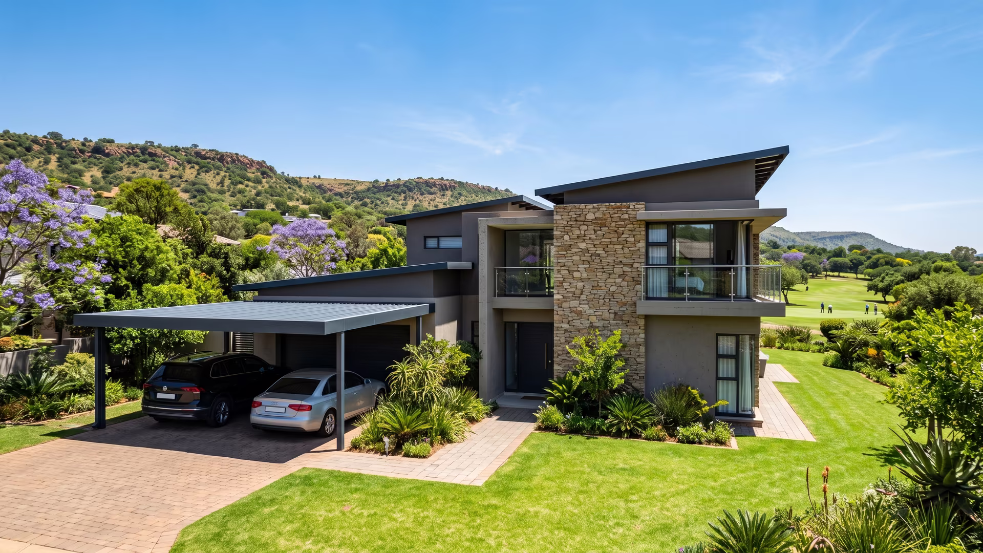 Powder-coated aluminium double carport at a face-brick home in a Pretoria East golf estate