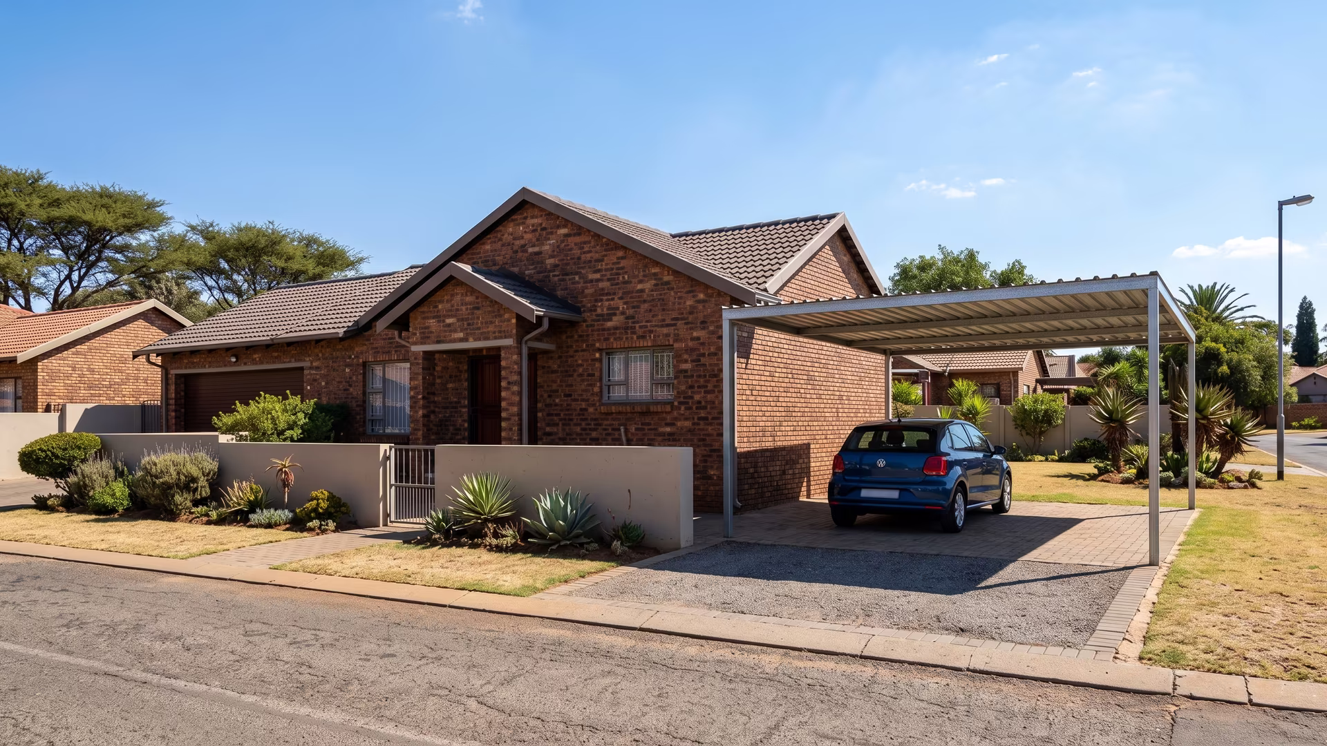 New galvanised steel carport replacing an older rusted frame at a 1960s Moot house in Pretoria North