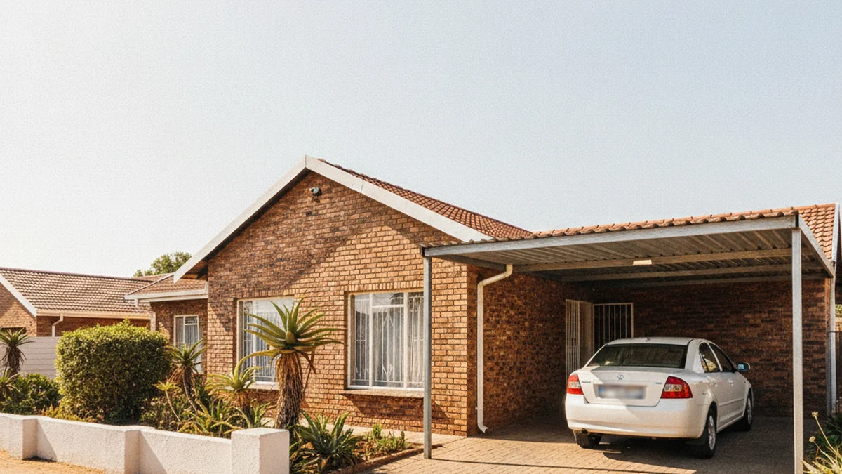 Value single steel carport shading a car at a neat face-brick home in Pretoria North