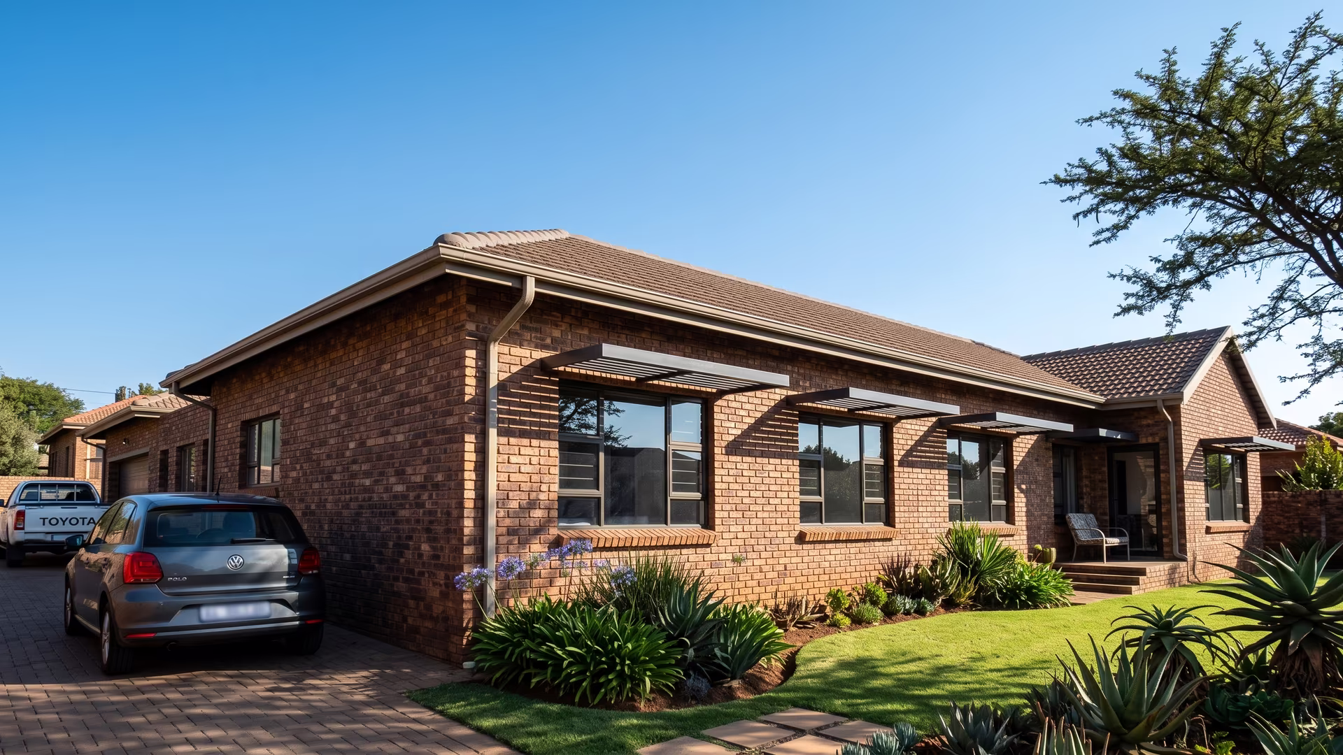 Aluminium window awnings shading west-facing windows on a face-brick Pretoria house in low afternoon sun