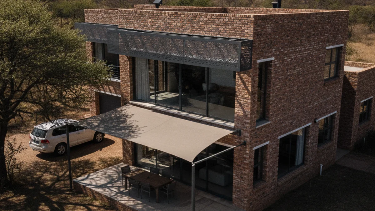 Metal window and patio awnings shading the north-facing windows of a face-brick Pretoria house in hard sun