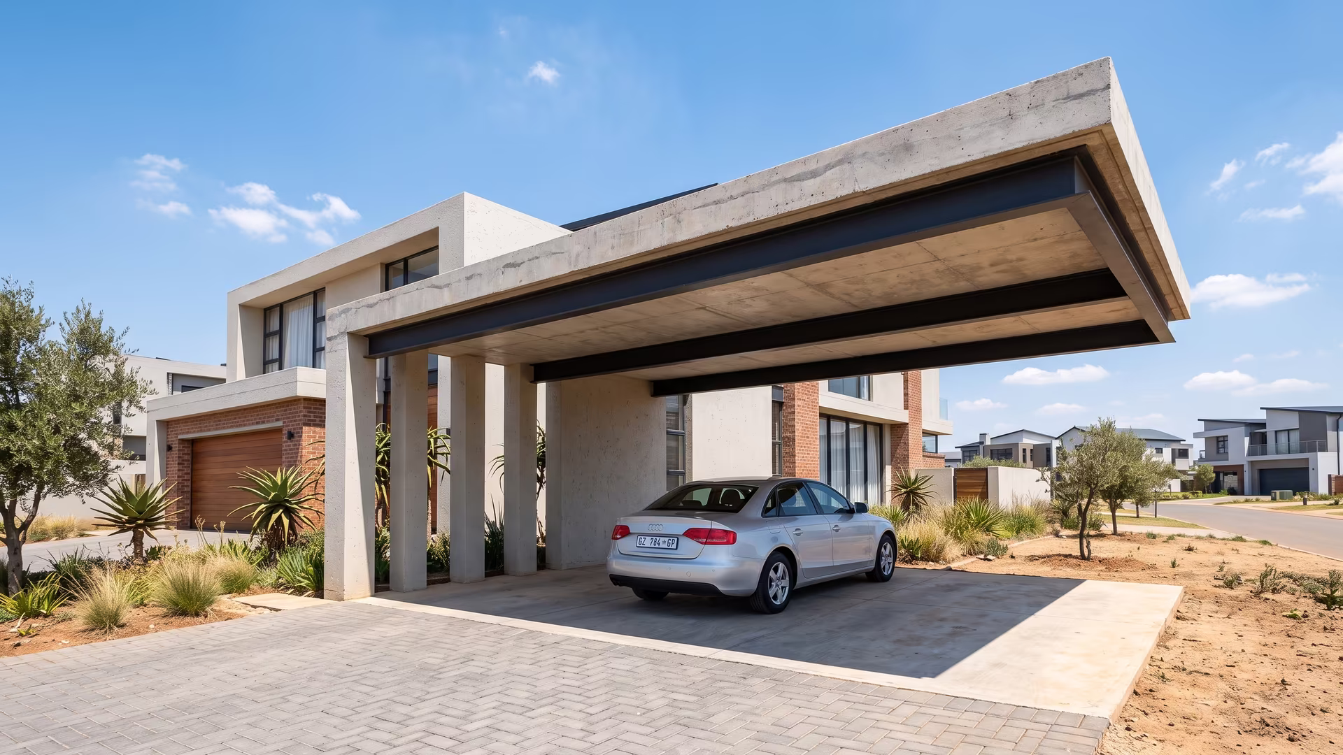 Cantilever carport with no front posts and a clear open front at a modern Centurion estate home