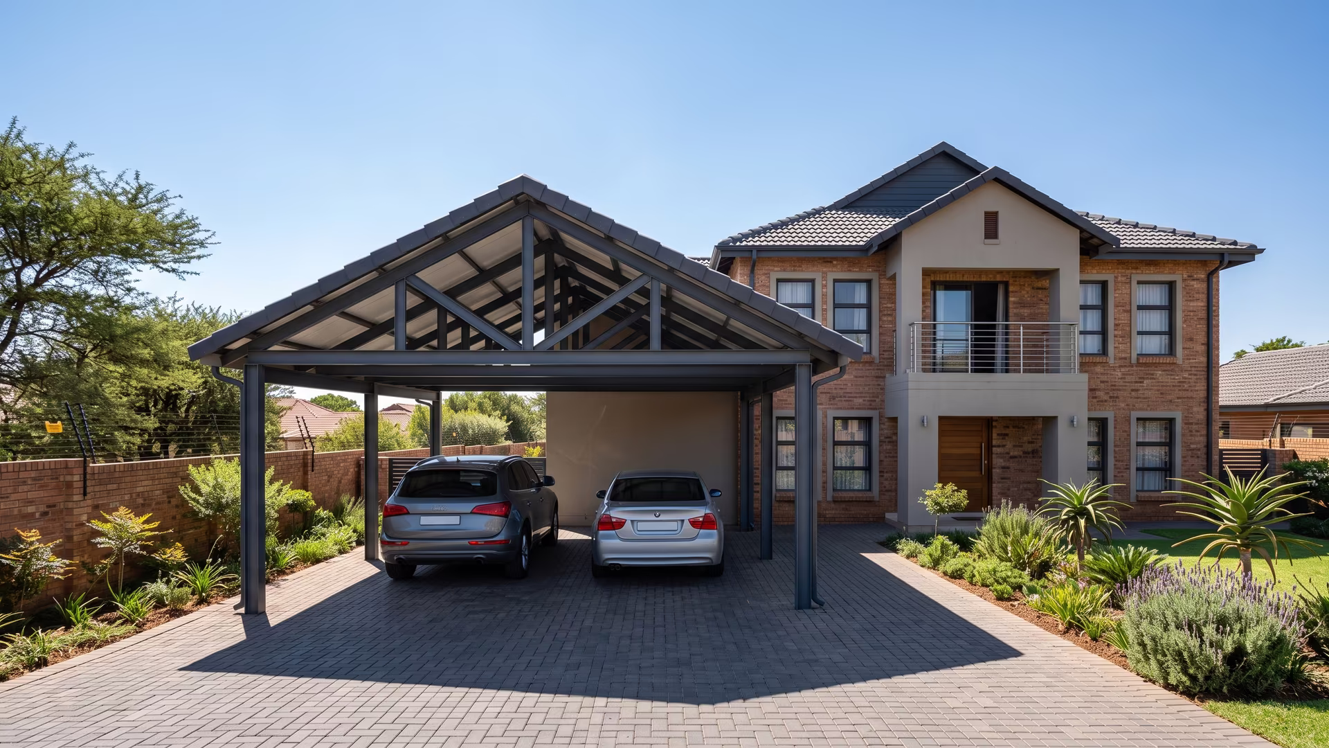 Pitched gable-roof steel carport matching the tiled roof of a Pretoria house under a clear sky