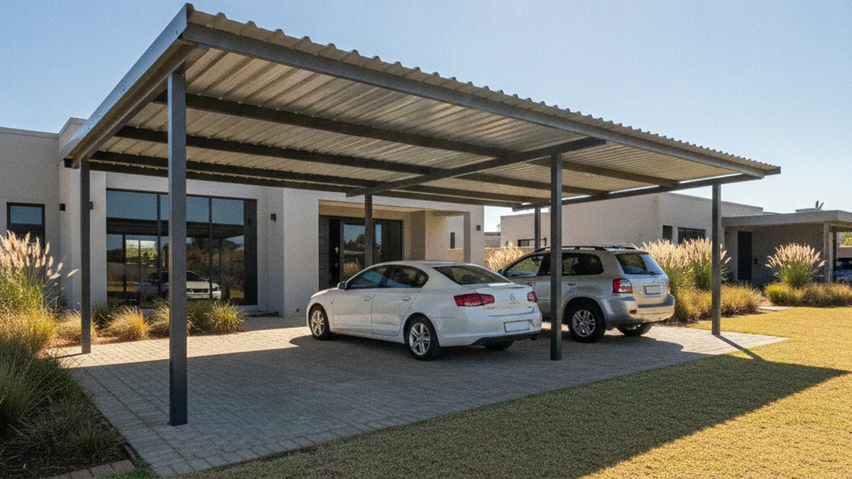 Six-metre steel double carport shading two cars side by side at a Pretoria East estate home