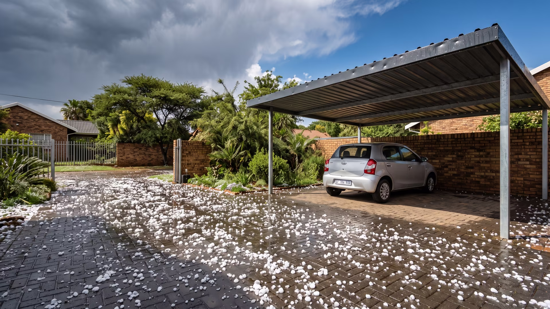 Large hailstones lying on a paved driveway beside a steel carport with a dented charcoal IBR roof after a Highveld storm