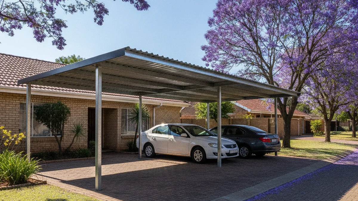 Galvanised steel double carport with a charcoal IBR roof shading two cars at a Pretoria home under bright Highveld sun and jacaranda trees