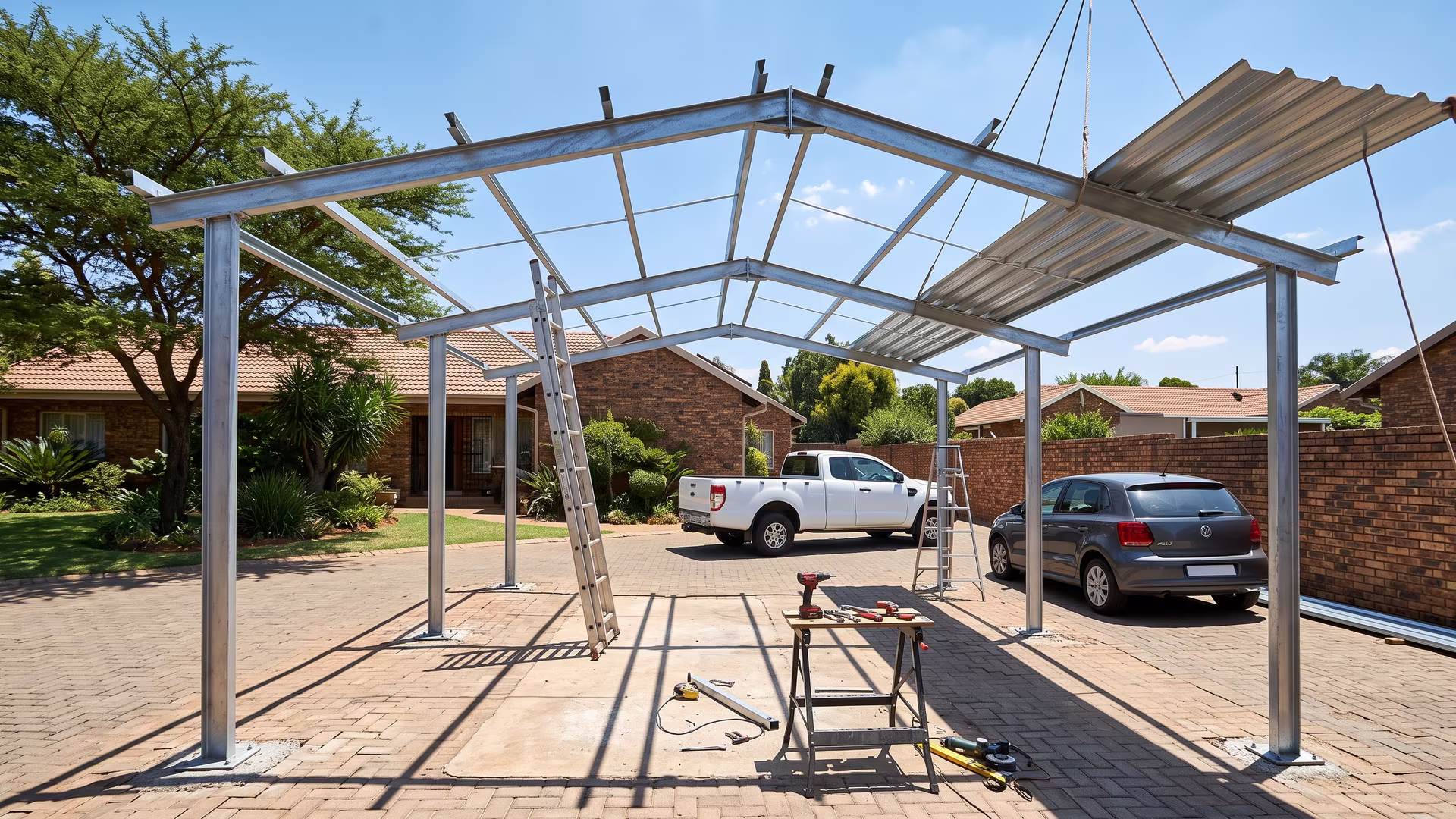 Galvanised steel carport frame part-way through installation on a sunlit Pretoria driveway