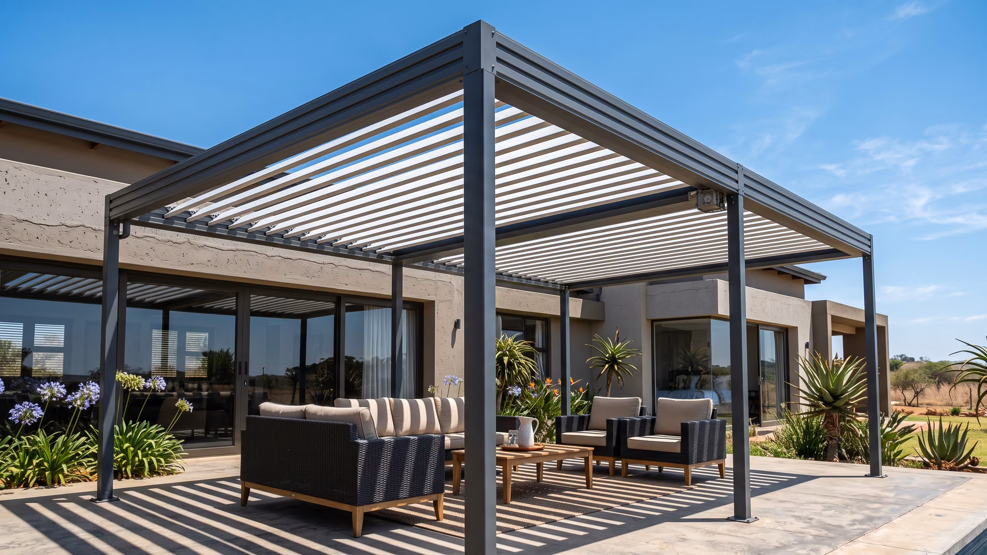 Adjustable aluminium louvred pergola roof with open blades over an outdoor seating area at a Pretoria home
