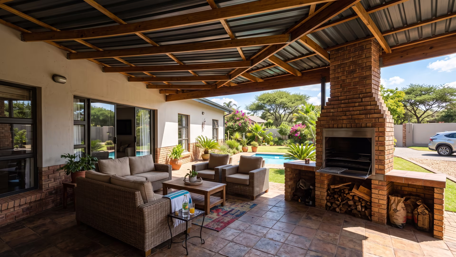Covered patio with an IBR roof, outdoor furniture and a built-in braai shaded from the Pretoria sun
