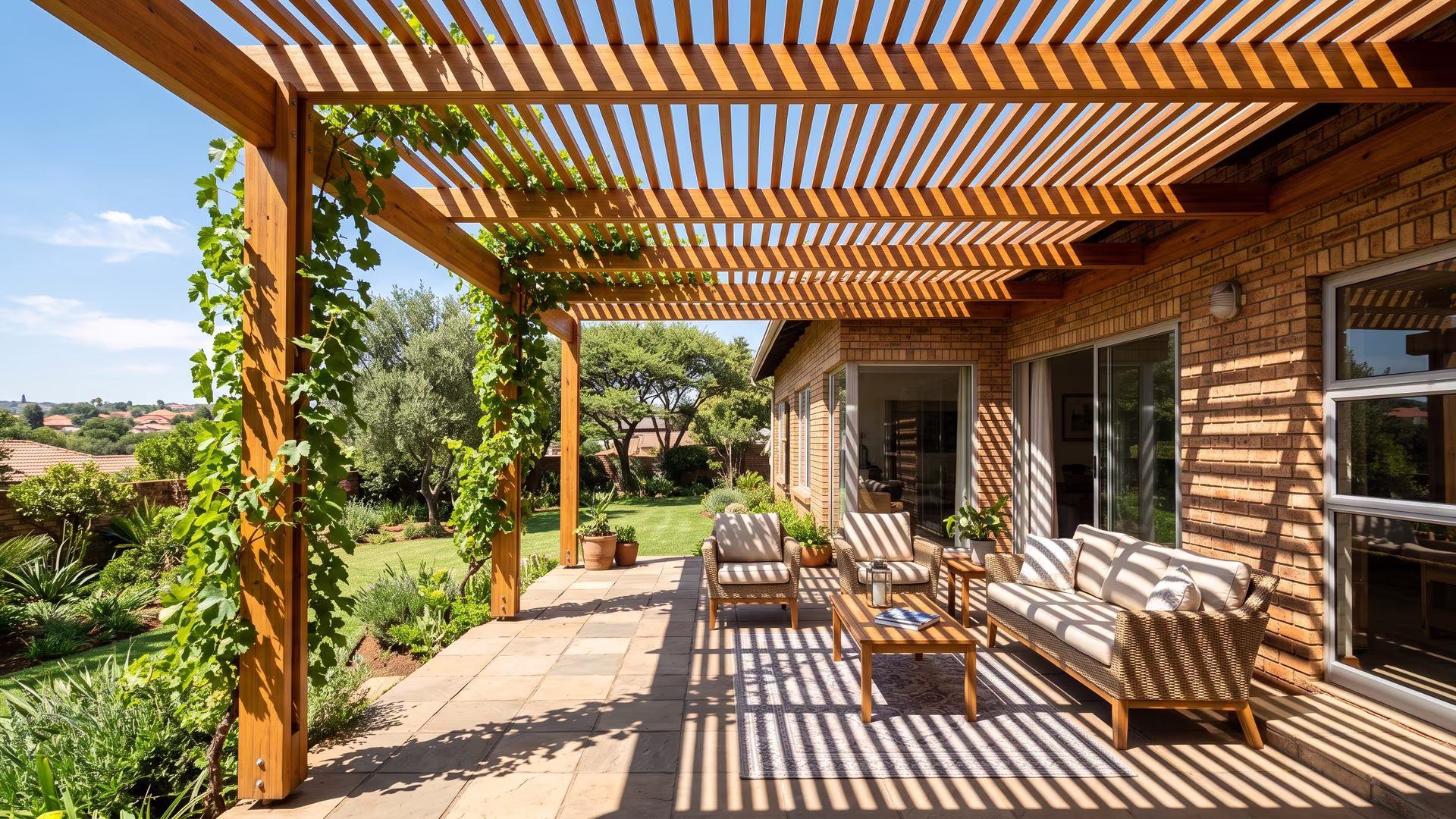 Laminated timber pergola with open slatted beams shading a paved patio and seating area at a Pretoria home