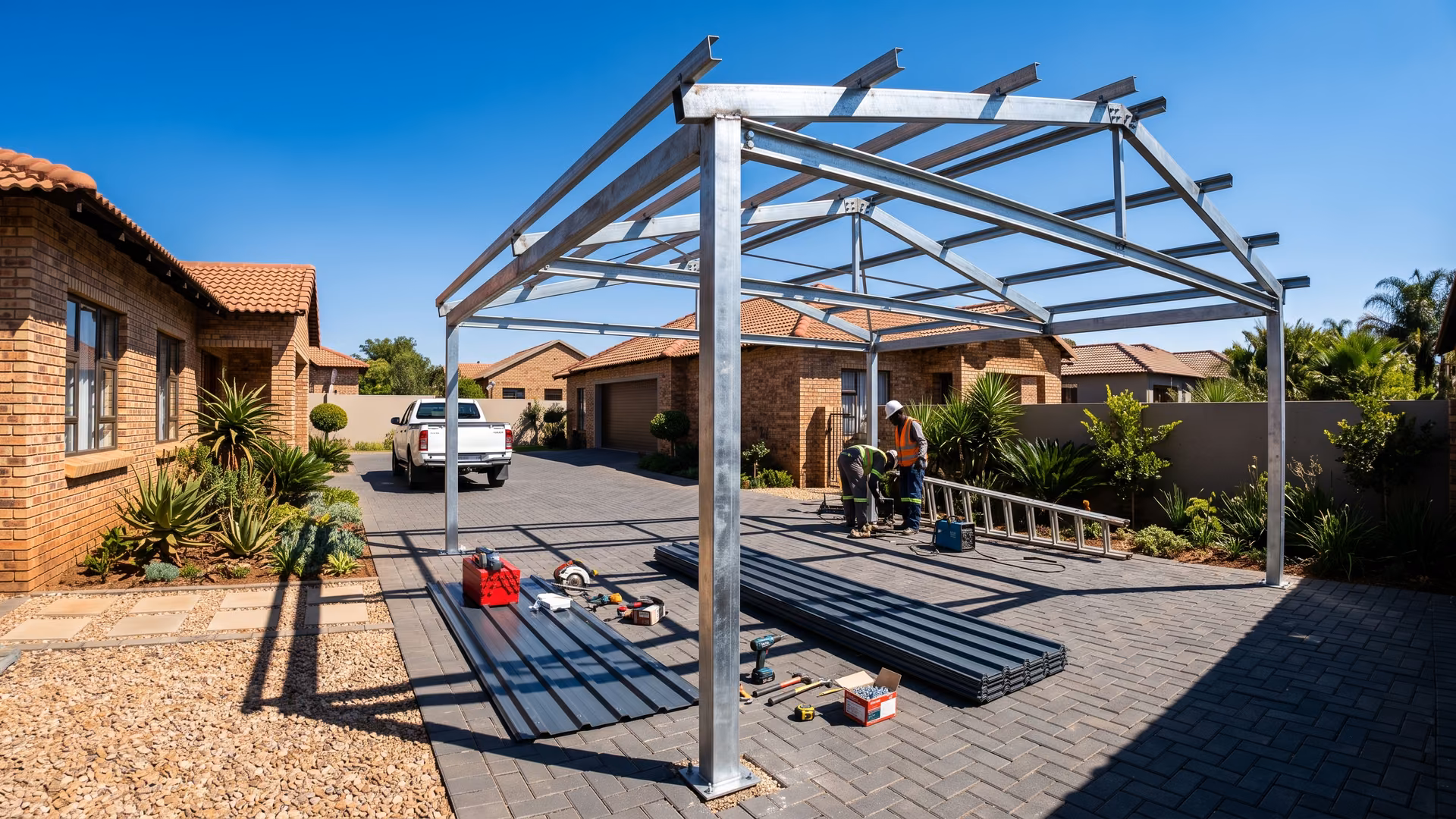 Partly erected galvanised carport frame with purlins in place and roof sheets stacked on the paving beside it