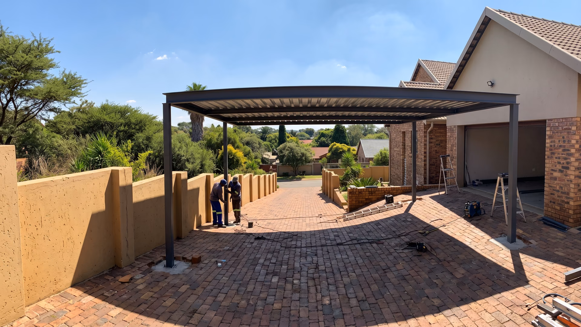 Steel carport on a sloping brick-paved Pretoria driveway with posts cut to different lengths to keep the roof level
