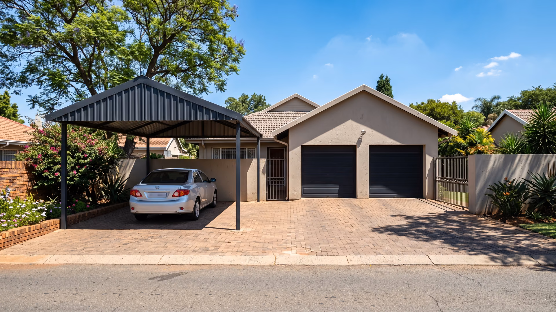 Pretoria house with a steel carport on one side of the driveway and a closed double garage on the other