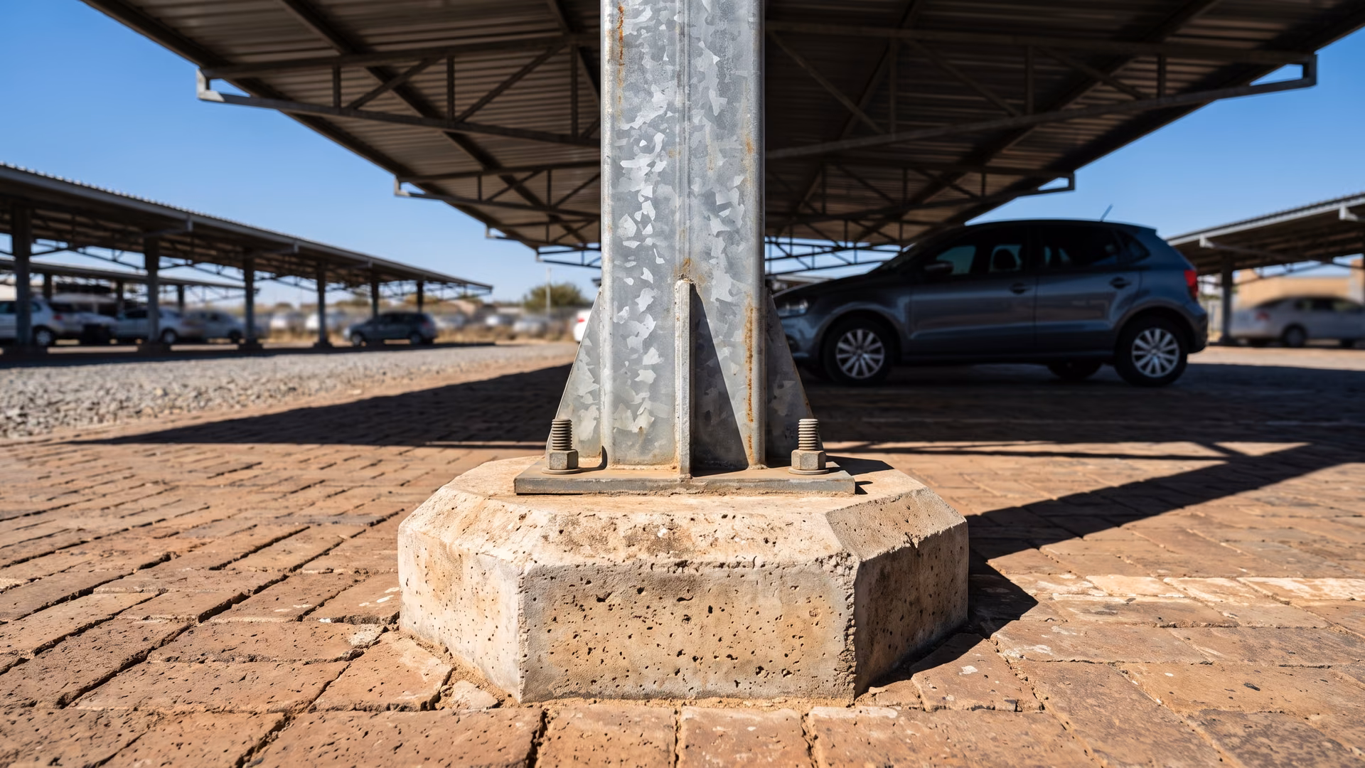 Close view of a galvanised carport post bolted to a shaped concrete footing on brick paving