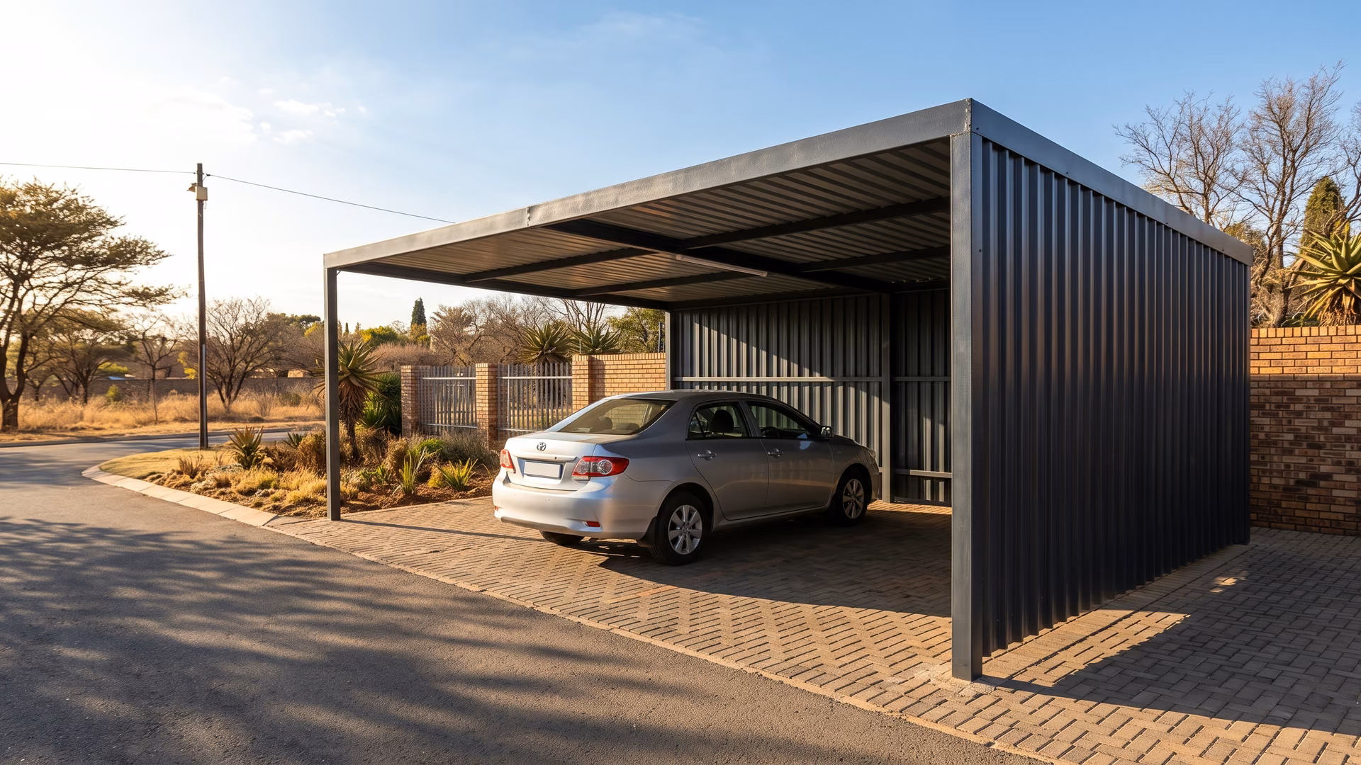 Steel carport with one side closed in with vertical IBR sheeting matching the roof and the other side left open