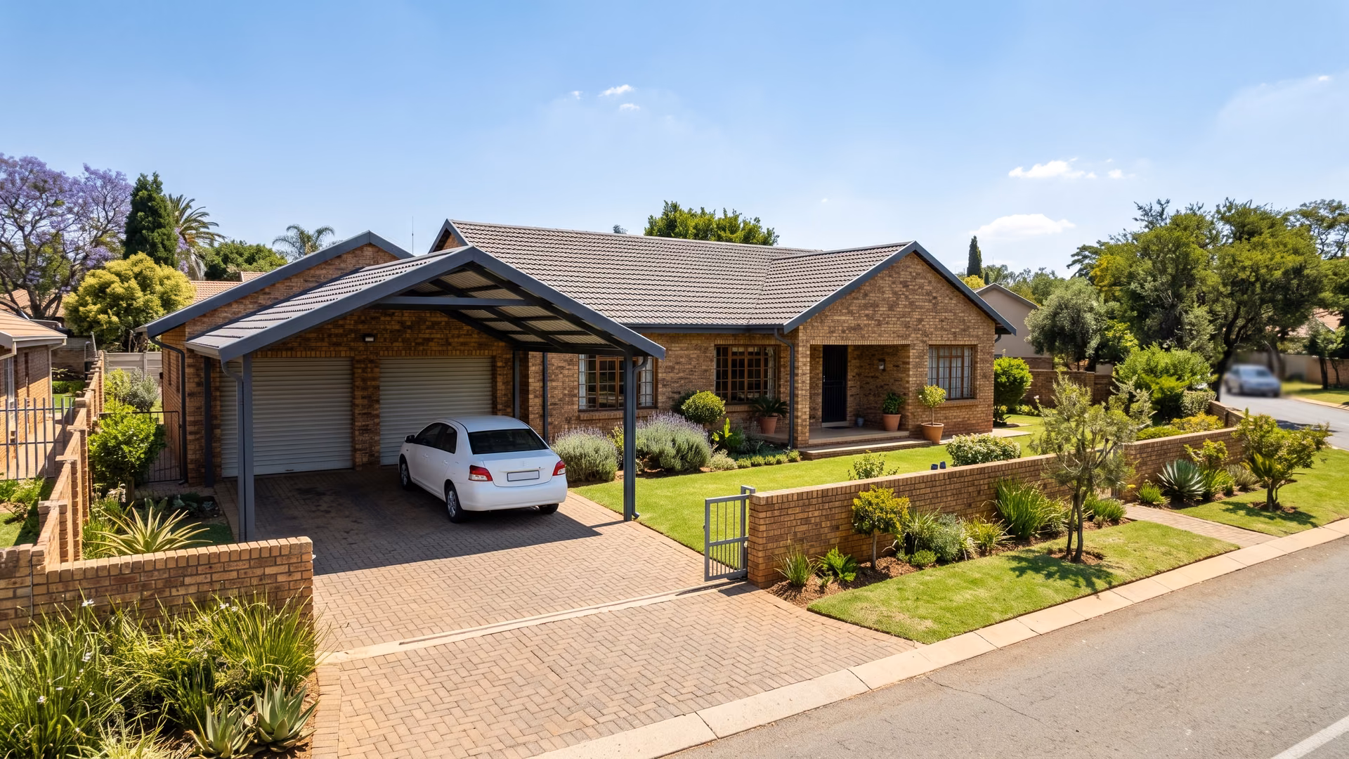 Steel double carport beside the garage of a face-brick Pretoria house, its roof pitch following the house roofline