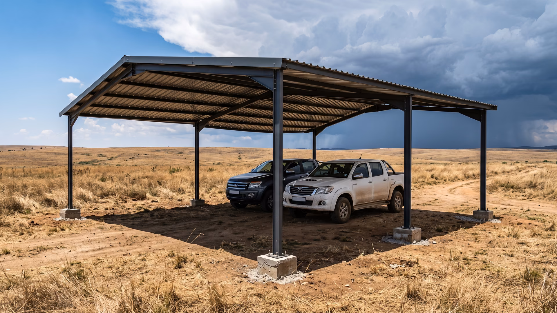 Steel carport on an open plot east of Pretoria with cast concrete footings, summer storm clouds building behind