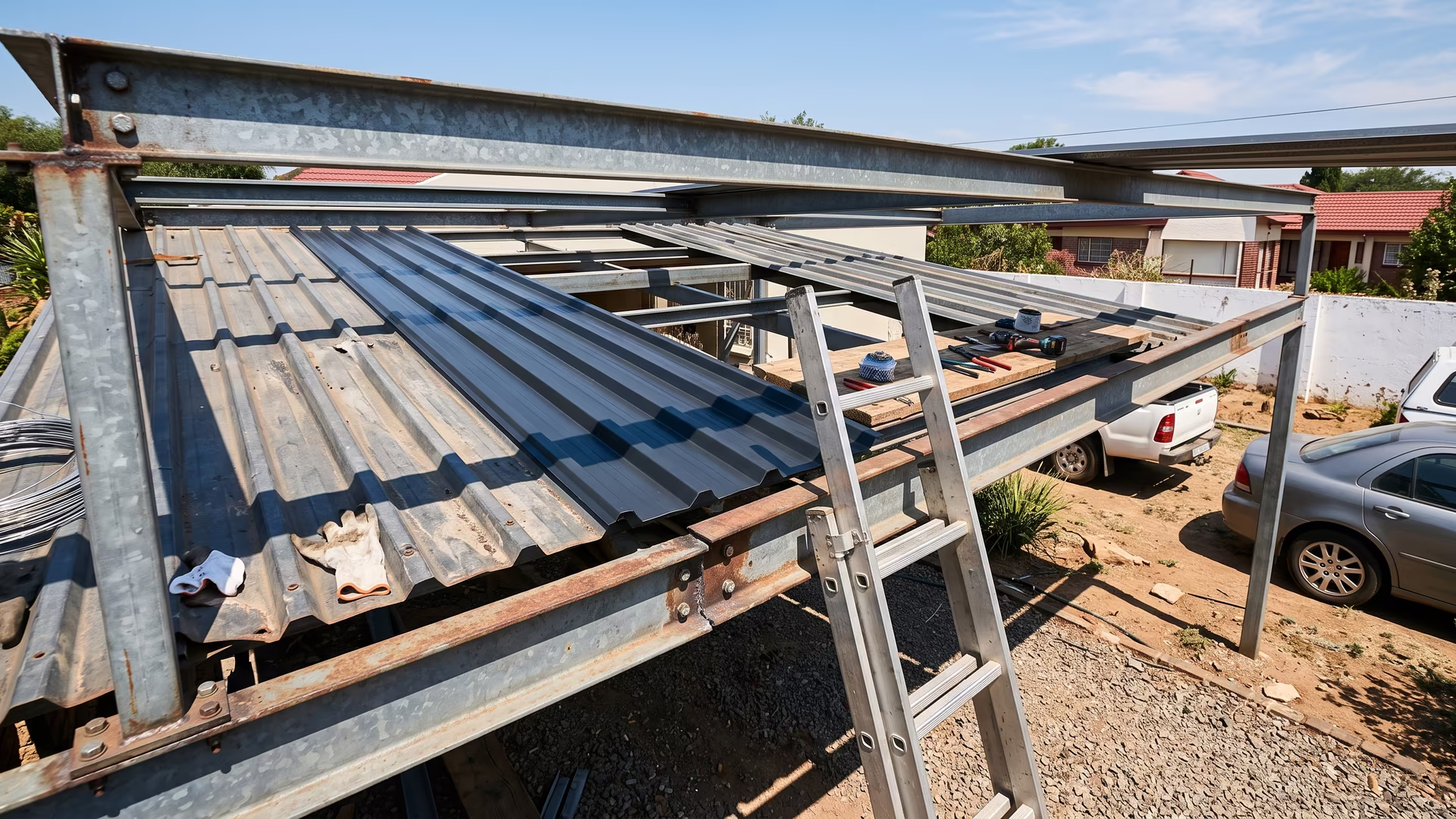 A new IBR roof sheet replacing an old sun-faded dented sheet on a steel carport