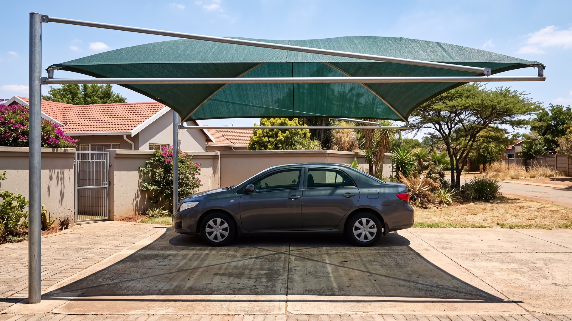 Shade-net shadeport with a dark green shade-cloth roof shading a car on a sunlit Pretoria driveway
