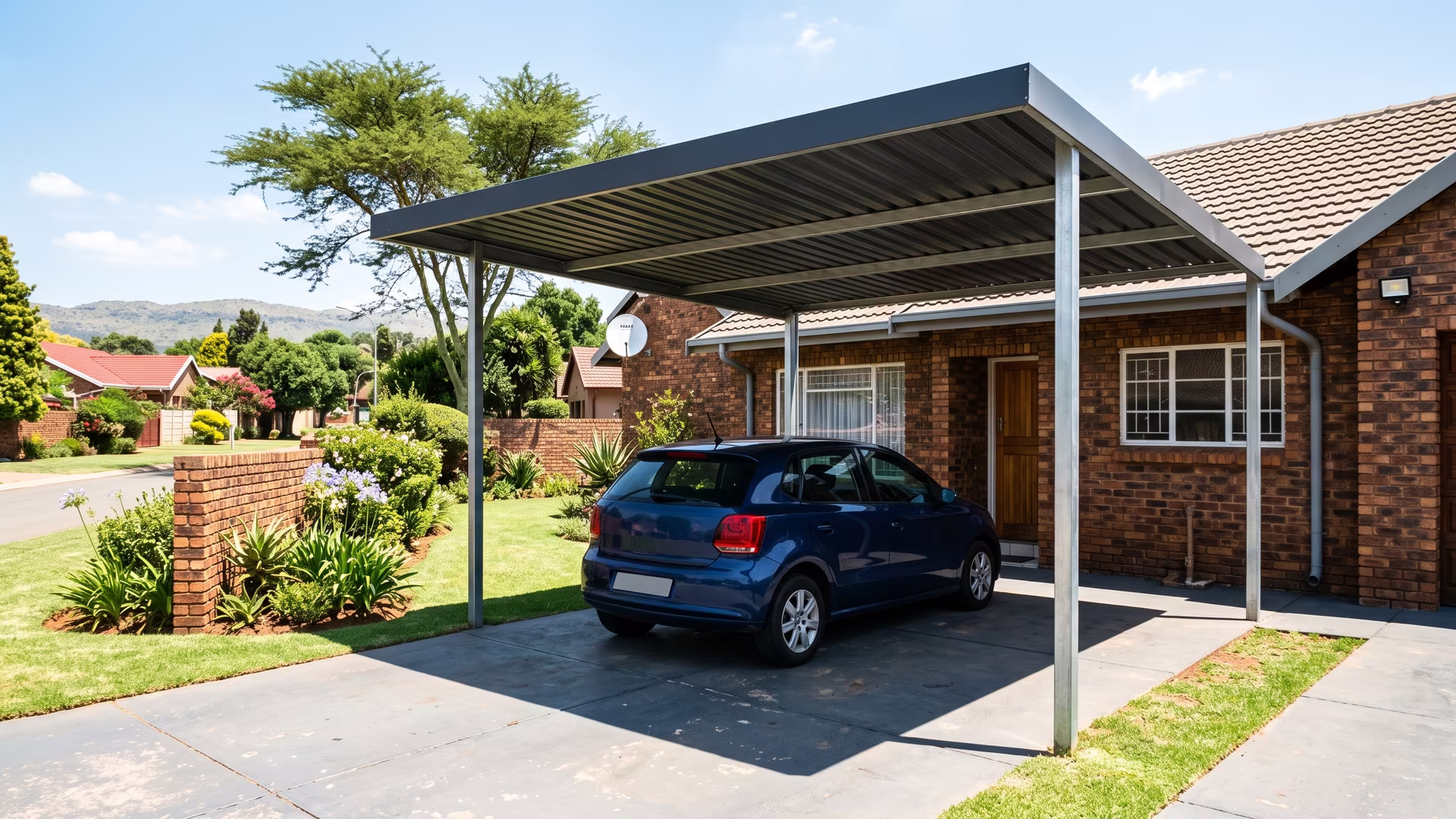 Single steel carport with a charcoal IBR roof shading one car beside a face-brick Pretoria home