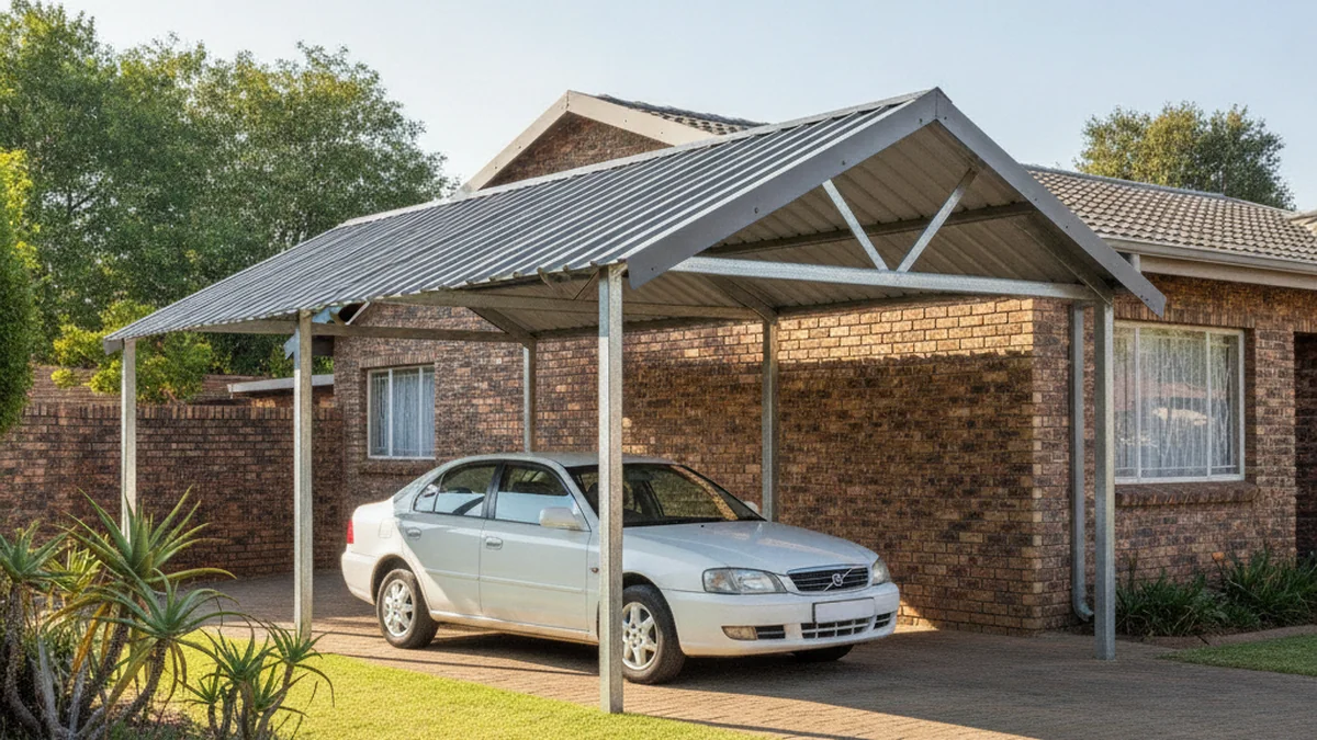 Single steel carport with a charcoal IBR roof shading one car beside a face-brick Pretoria home