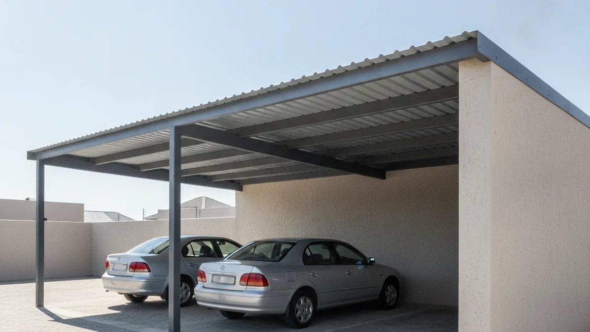 Side view of a double steel carport showing full depth and height with two cars parked in bright sun