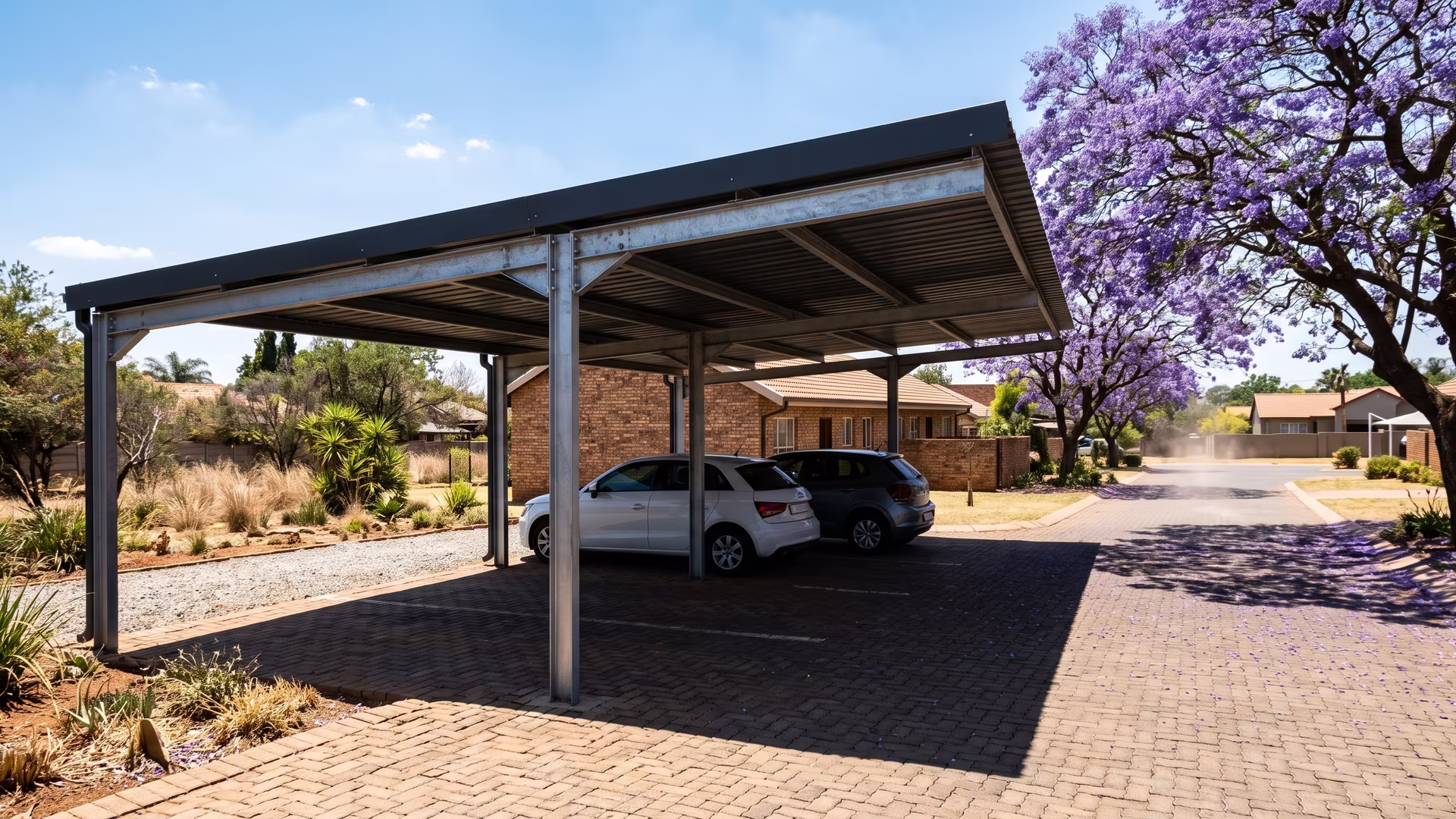 Steel carport with an IBR roof casting a dense shadow over two cars under a bright hot Pretoria sky with jacaranda trees
