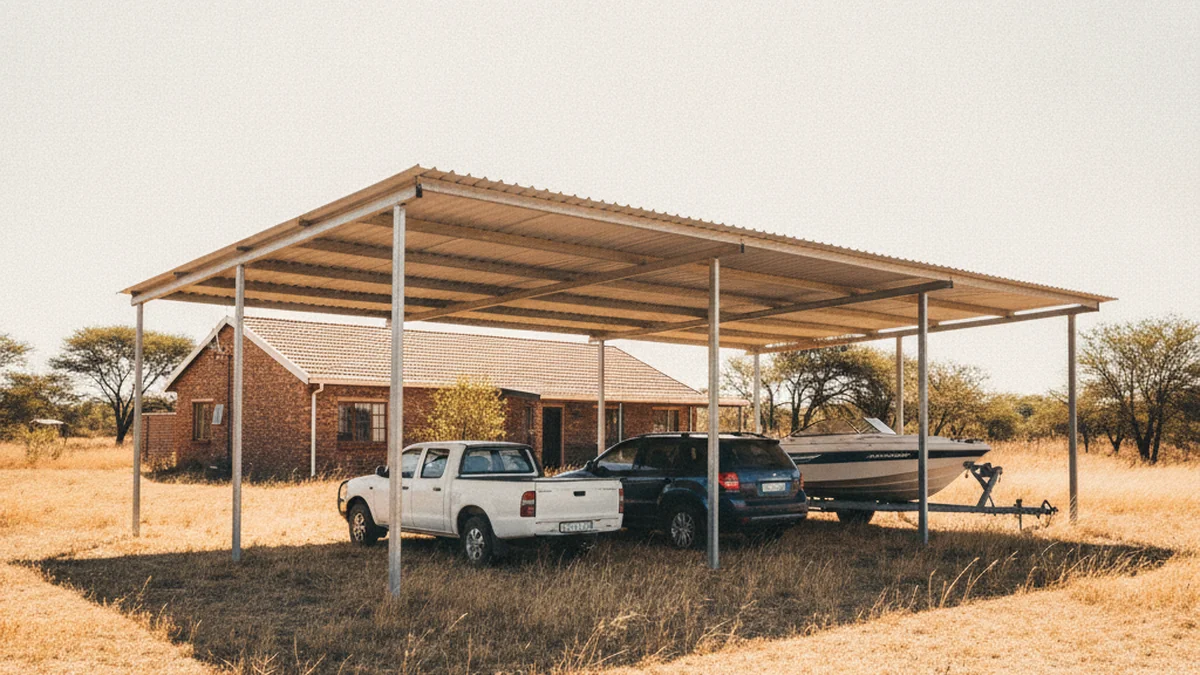 Wide four-bay steel carport on a Pretoria smallholding shading a bakkie, a car and a boat on a trailer