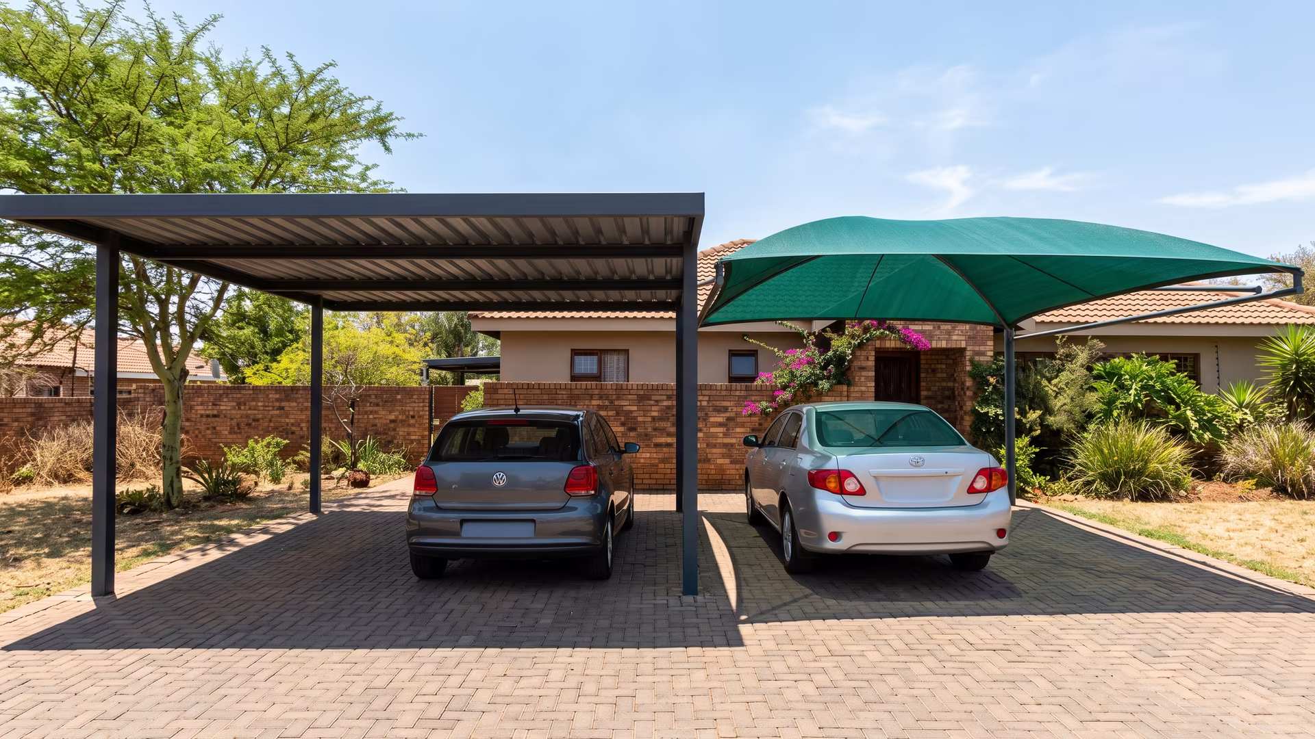 A solid IBR-roof steel carport beside a green shade-net shadeport in one sunlit driveway