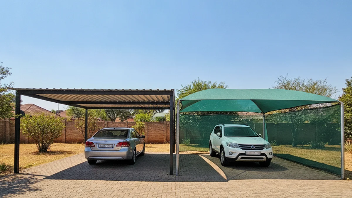 A solid IBR-roof steel carport beside a green shade-net shadeport in one sunlit driveway