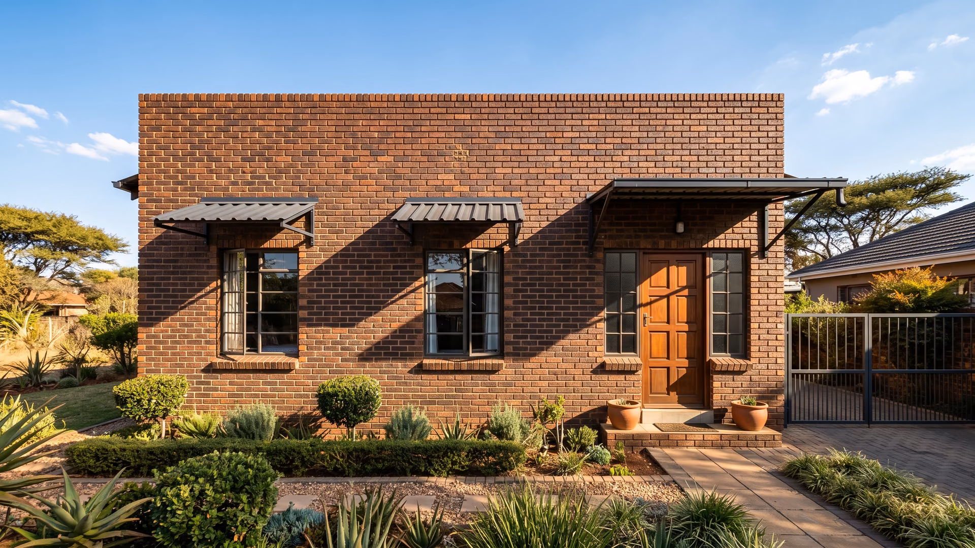 Aluminium window awnings above west-facing windows and a door canopy on a face-brick Pretoria house