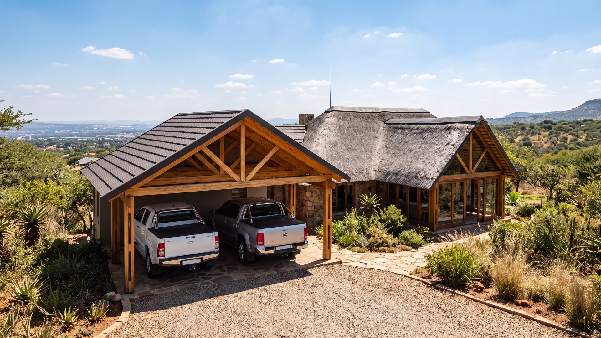 Timber carport with laminated wood posts and a tiled roof matching a thatch and lapa-style Pretoria ridge home