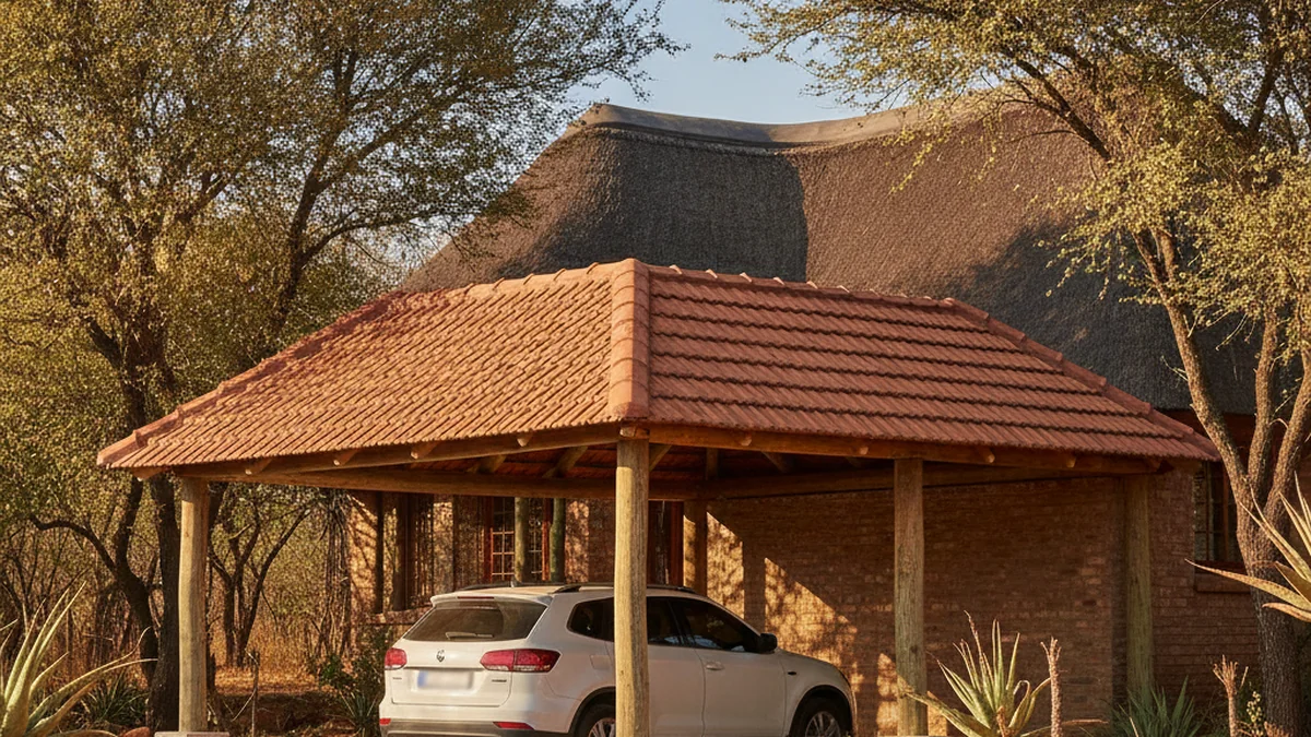 Timber carport with laminated wood posts and a tiled roof matching a thatch and lapa-style Pretoria ridge home